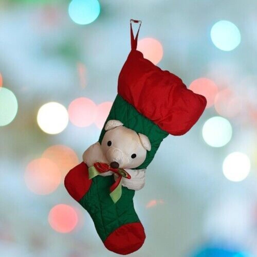 Vtg 1990s Quilted Nylon Christmas Stocking - Plush Polar Bear Parachute Puffer